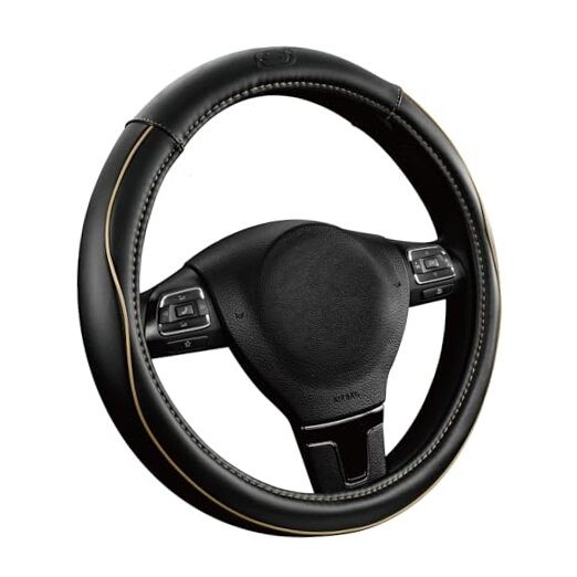  Memory Foam Steering Wheel Cover,Piping Microfiber Leather Steering Beige