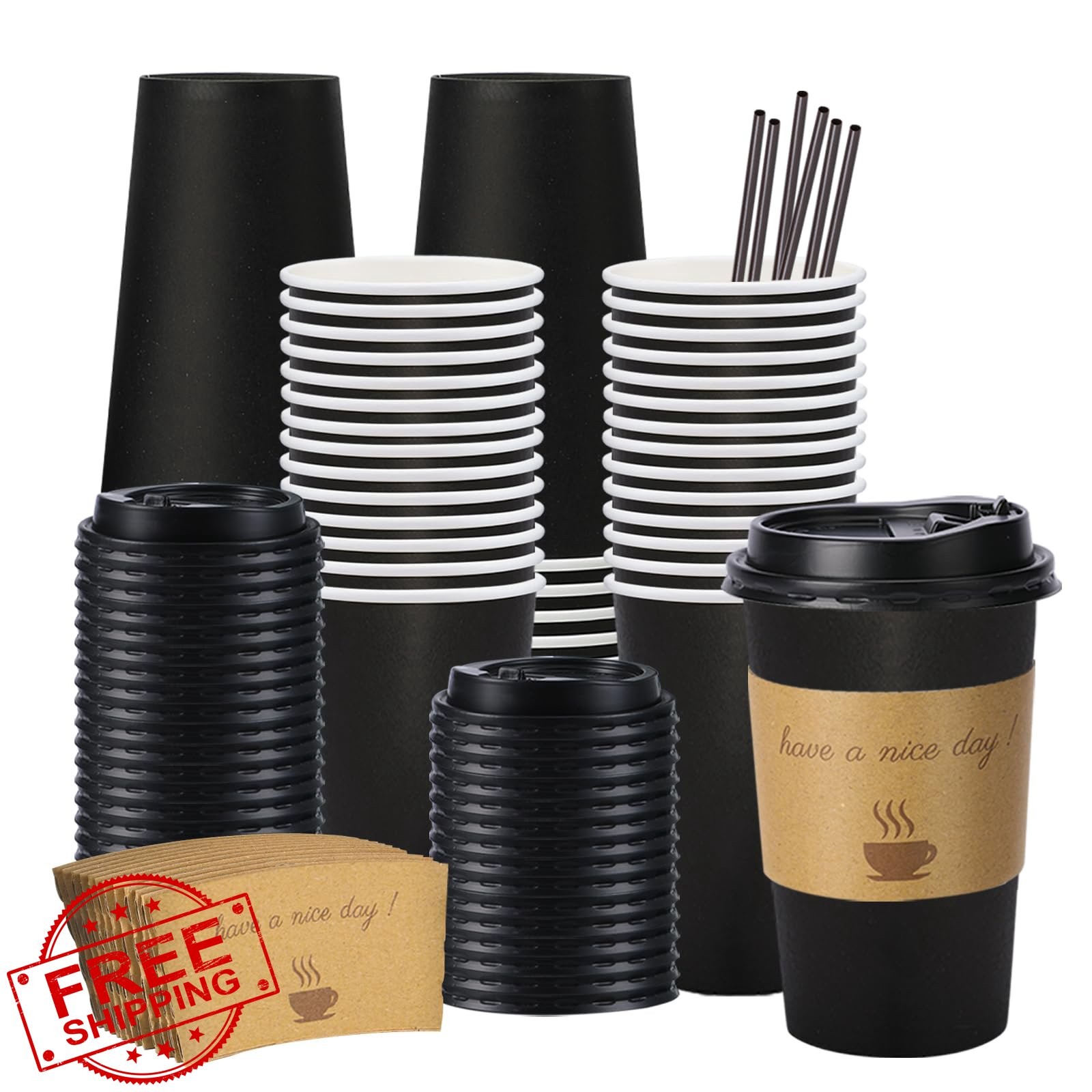 BYSNOW 50 Pack 16oz Disposable Coffee Cups with Lids Black Sleeve
