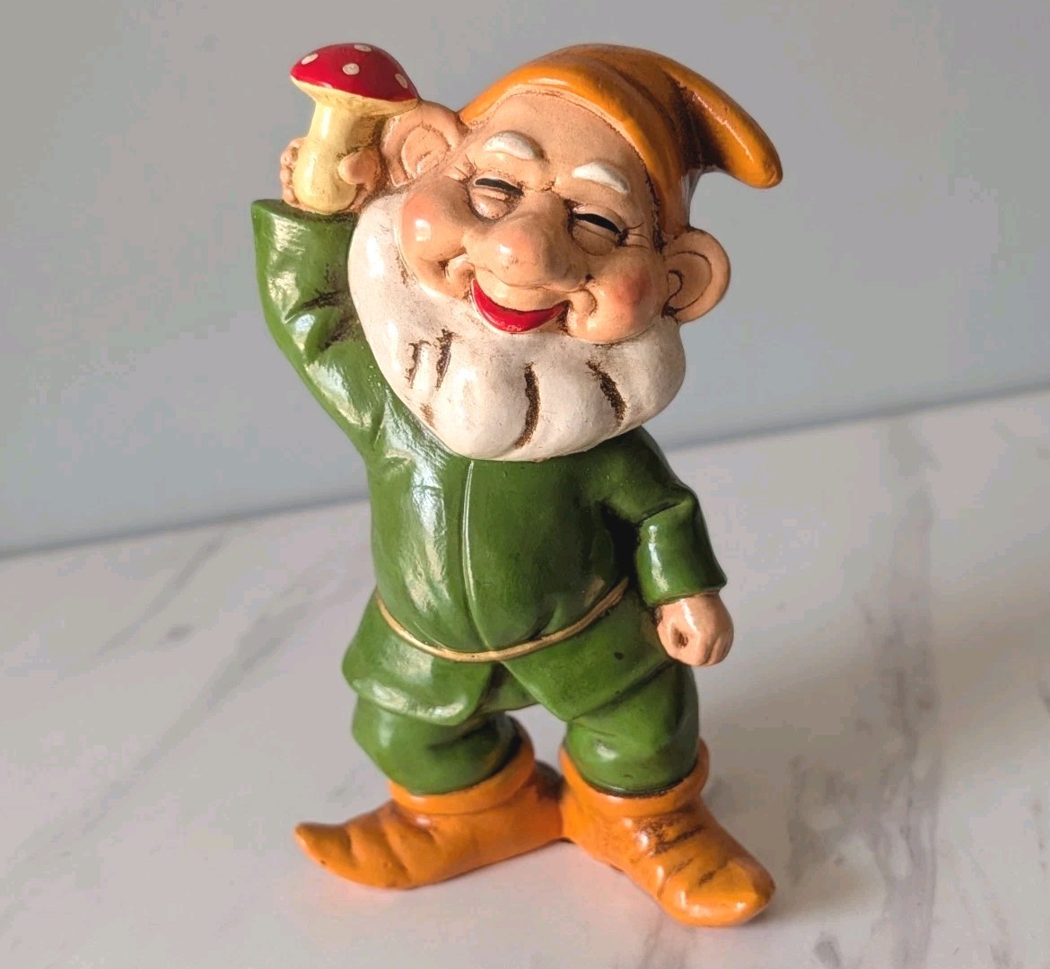Vintage Gnome Figurine Holding Mushroom 6.5"