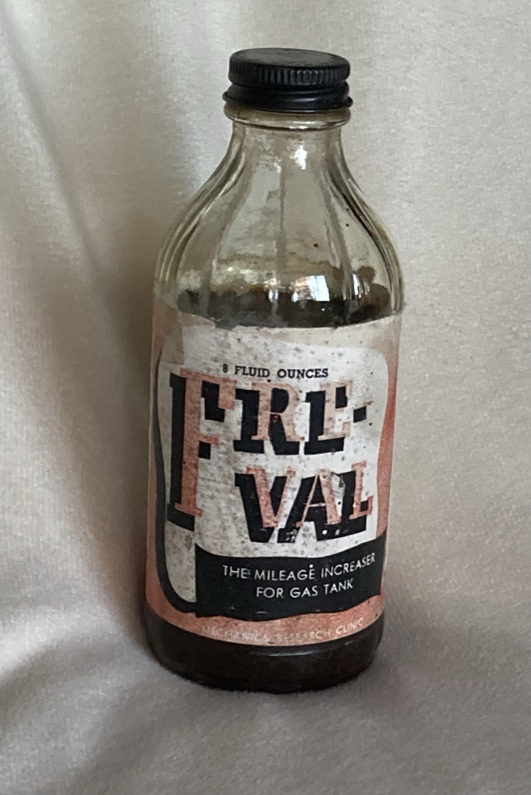 FRE-VAL Mileage Increaser Glass Bottle w/Lid VINTAGE Mechanics Research Clinic