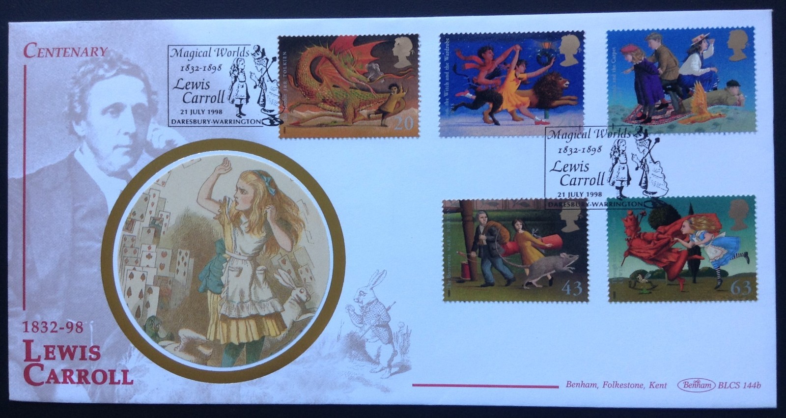 GB Benham 1998 Magical Worlds Set on Lewis Carroll First Day Cover Daresbury SHS