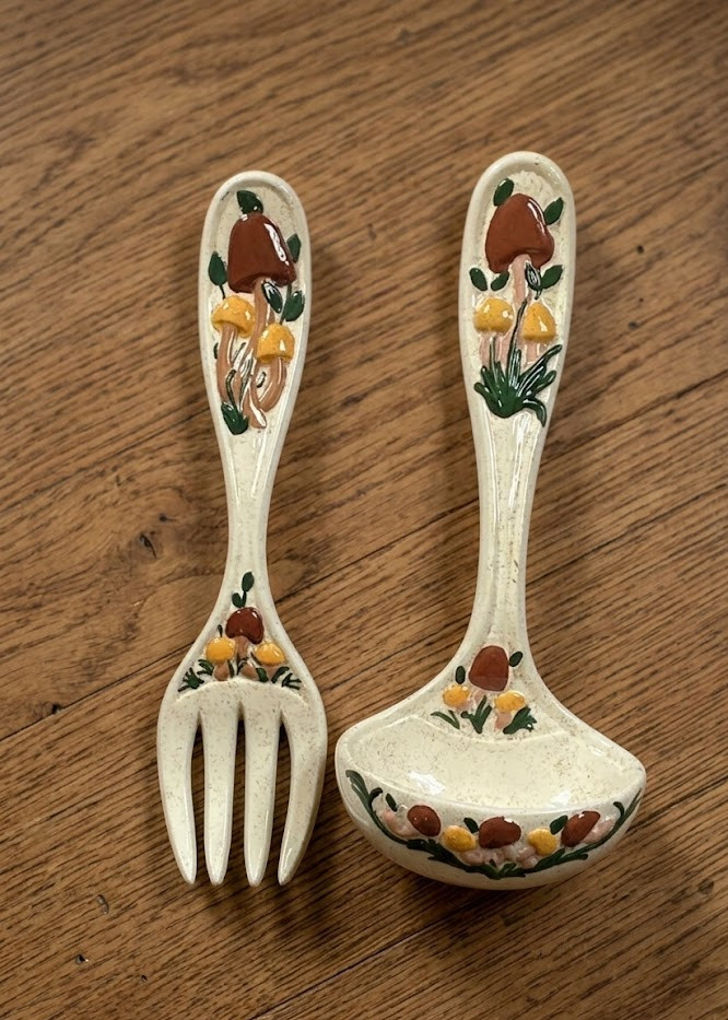 Vintage Hand Painted Mushroom Ceramic Fork & Ladle Wall Decor Set Retro Kitchen