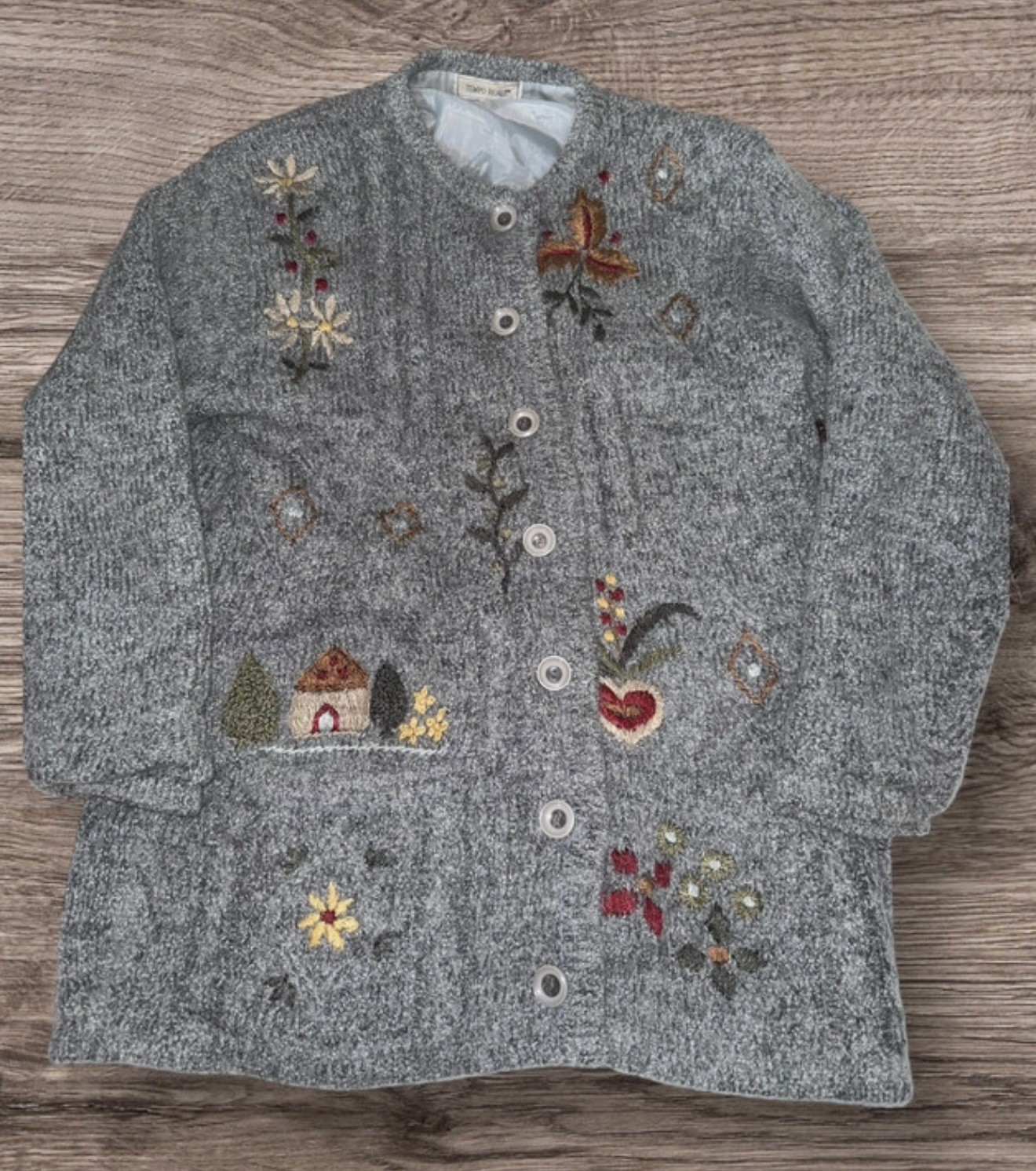 Vintage mohair  mix lined  chunky  floral knitted cardigan grey 1980’s size OS