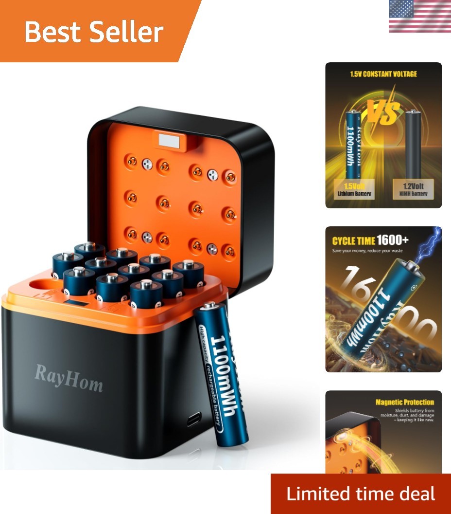 Efficient Fast Charging 12-Pack AAA Lithium Batteries with Smart 12-Slot Charger