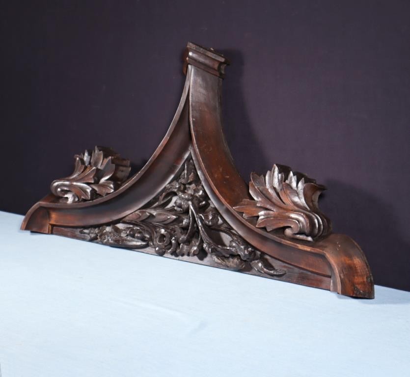 36" Antique French Gothic Revival Crest/Pediment in Solid Walnut and Oak Wood