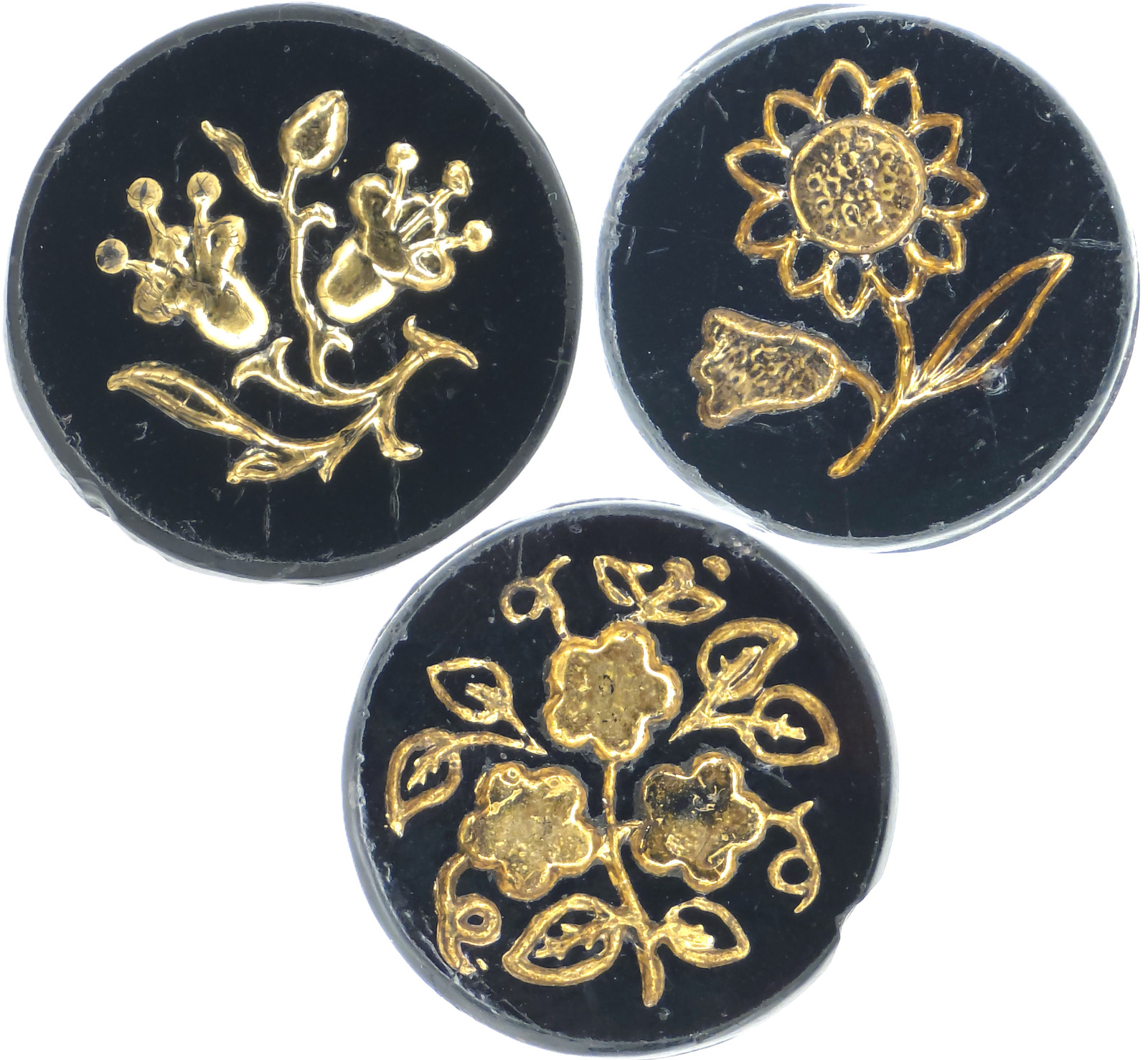 C1890s Victorian Glass Gold Luster Intaglio Sunflower Bellflower Flower Button