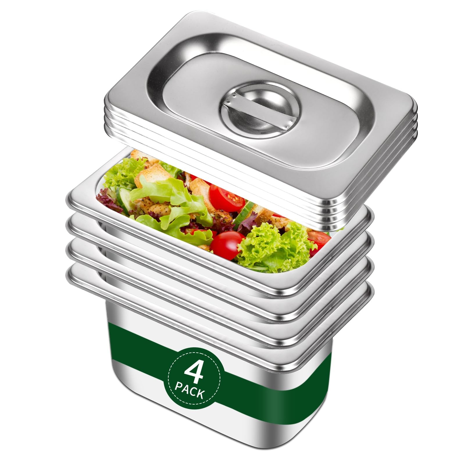 4 PCS 1/9 Size Hotel Pans 4 Inch Deep With Lids Anti-Jam Stainless Steel