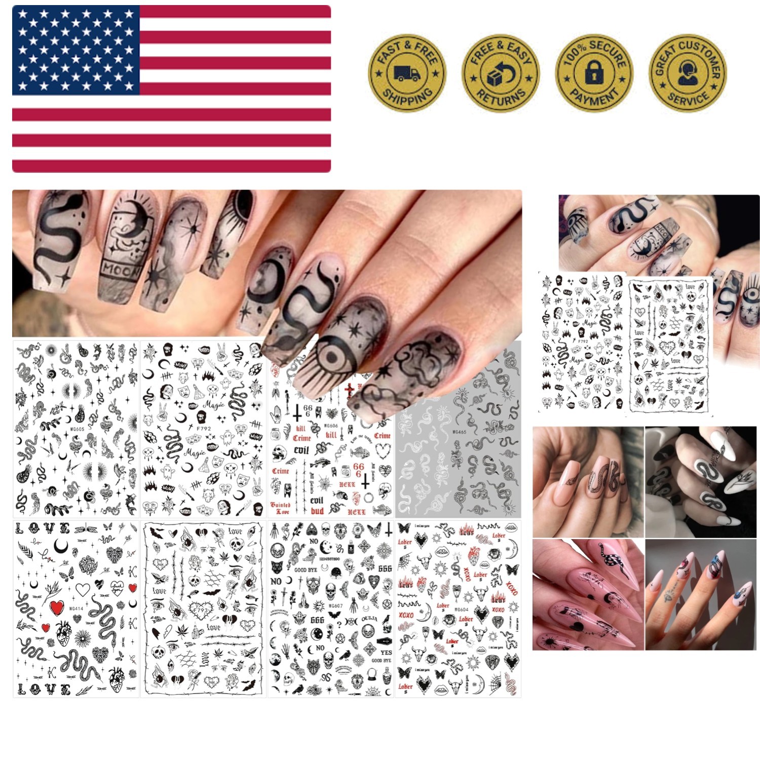Snake Nail Art Stickers Decals Black Skull Goth Nail Decals Nail Art Supplies...