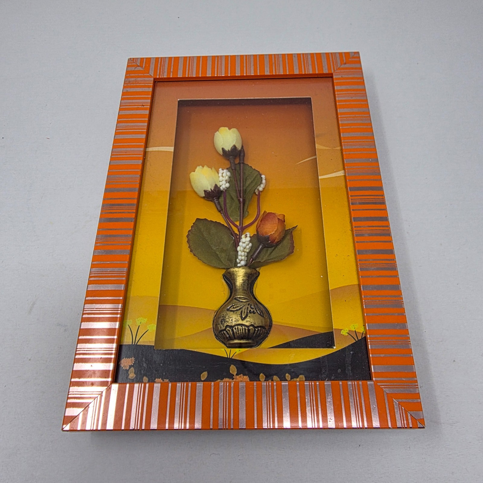 Vintage 3D Shadow Art Box Vase of Roses Flowers Orange 70s 80s Picture Frame