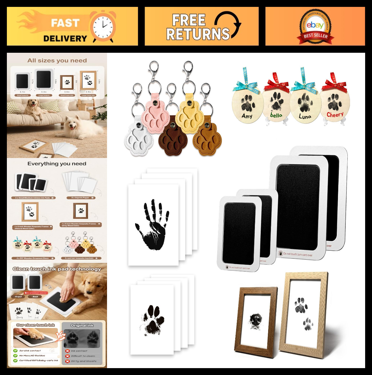 Inkless Paw Print Kit for Pets - Dog & Cat Nose Print, Memorial Frames, Keychain