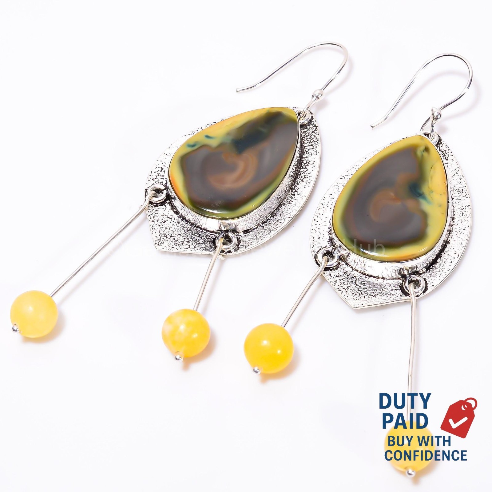 925 Sterling Silver Natural Polychrome Jasper Hook Dangling Handmade Earrings