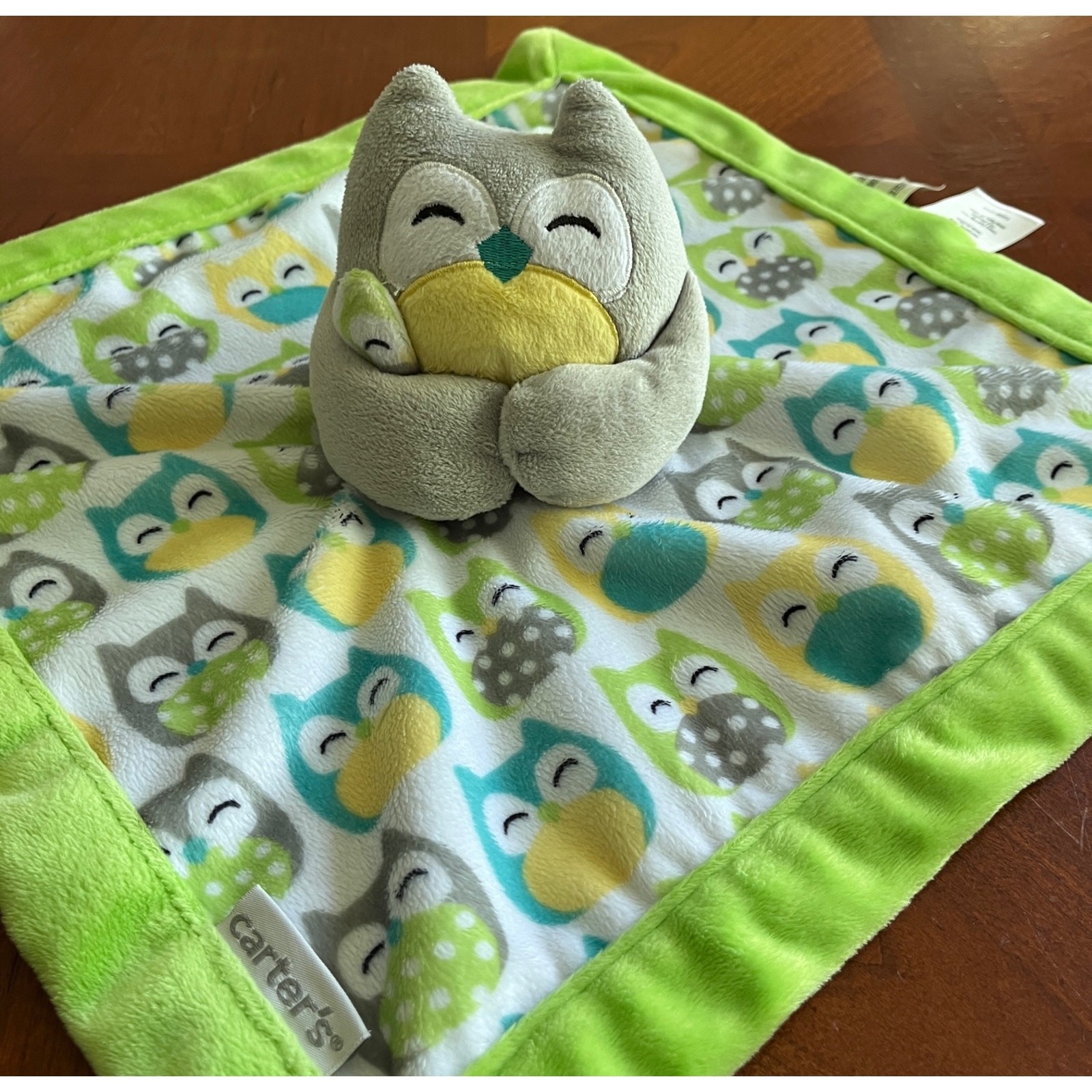Carter's Gray Owl With Blankie Plush Toy Lovey Security Blanket Green Trim