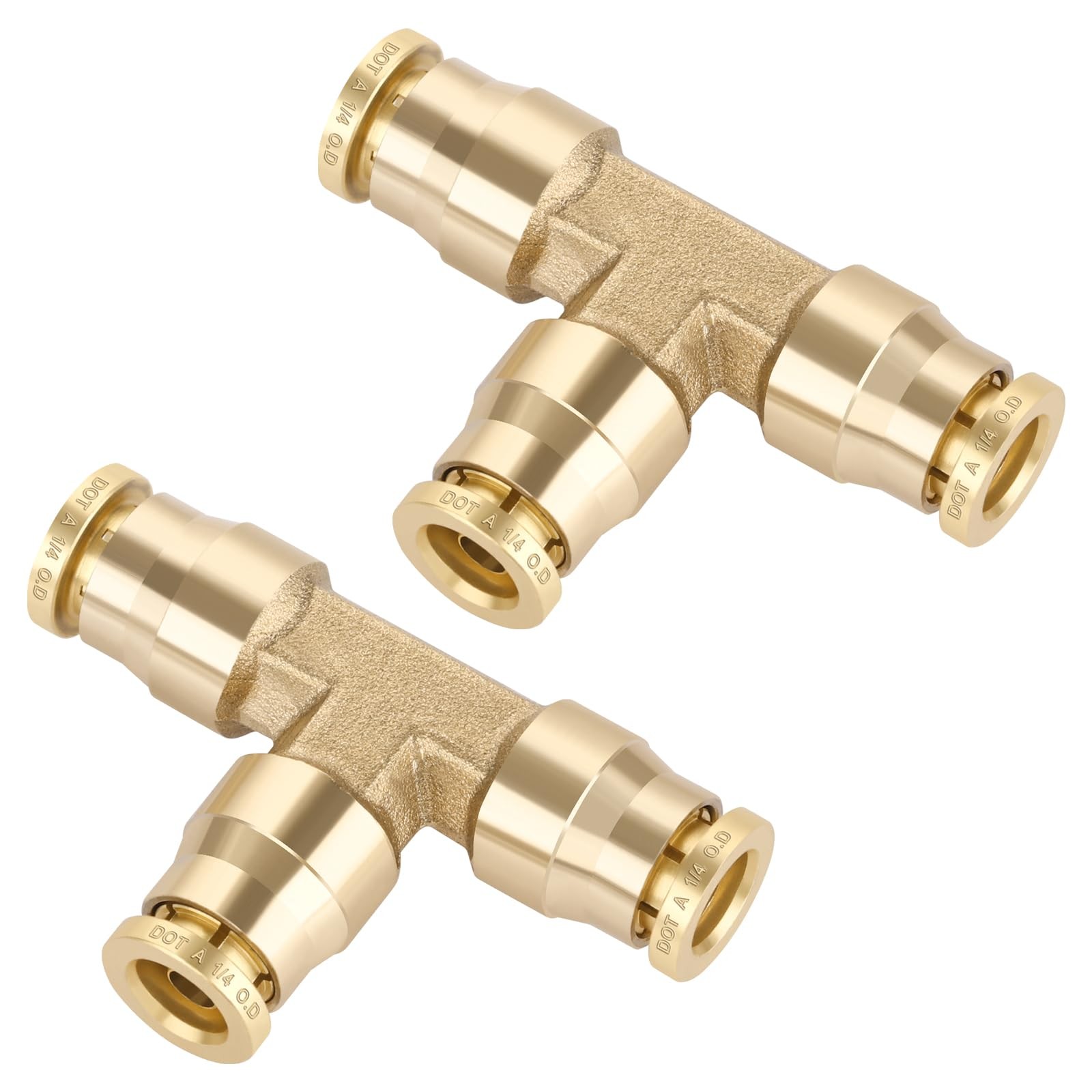 Boeray 1/4" Quick Push to Connect Fittings Brass Union Tee OD 2PCS, Gold 
