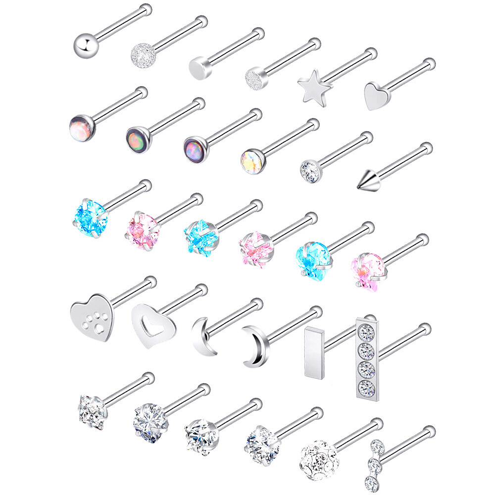 30PCS Surgical Steel Bone Stud CZ Opal Straight Nose Stud Ring Tiny Piercing 20G