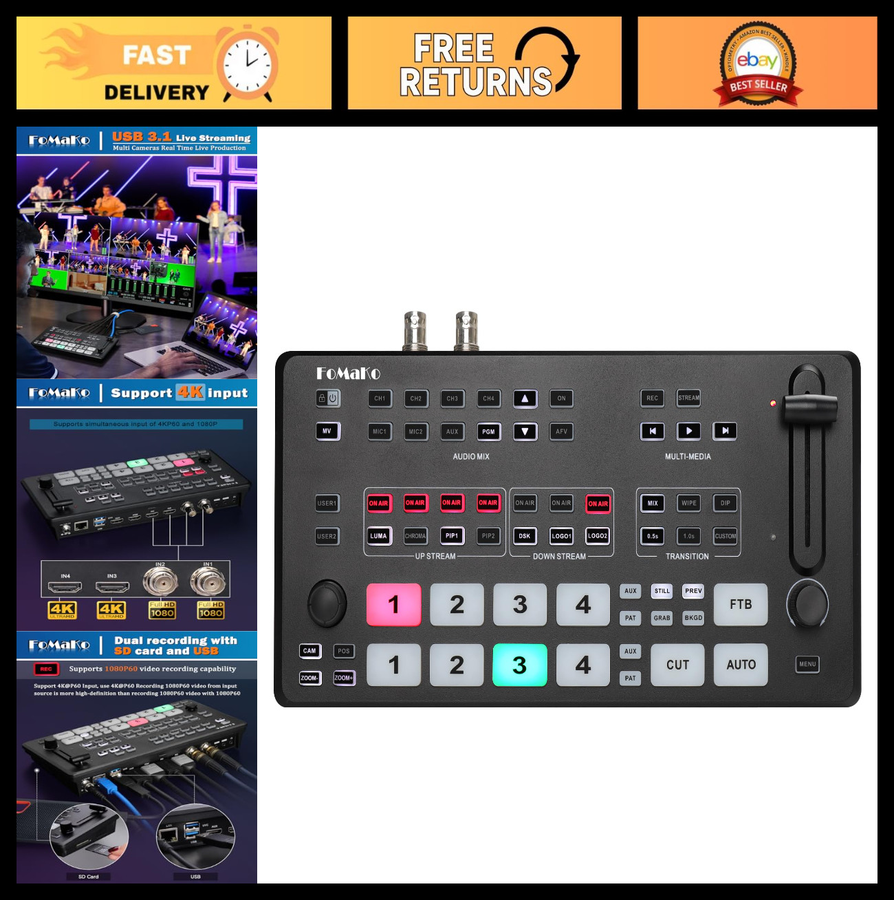 4K HDMI Video Mixer Switcher, 5-Channel Live Streaming, 60FPS Input/Output, PTZ