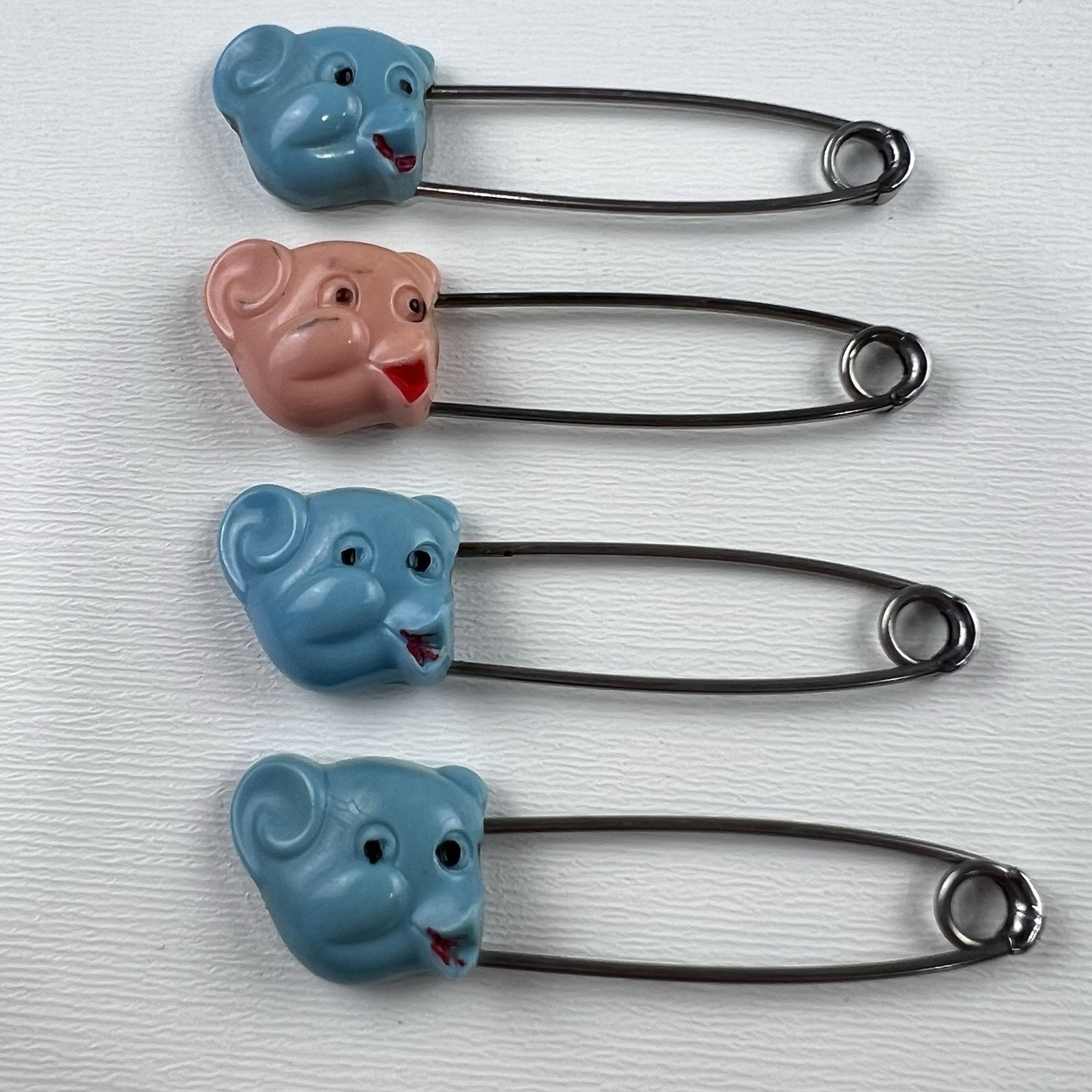 Celluloid Vintage Diaper Pins Blue & Pink Teddy Bear Silver tone Lot 4