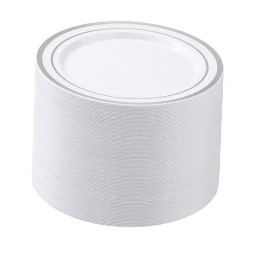  100PCS White Plastic Plates for Party, 10.25 Inch 10.25 inch White Silver