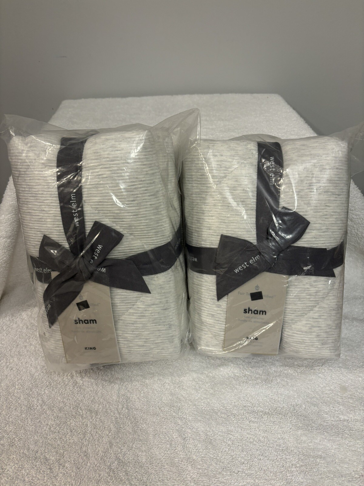 West Elm Quilted King Shams 2 Organic Cotton White / Gray - NEW!