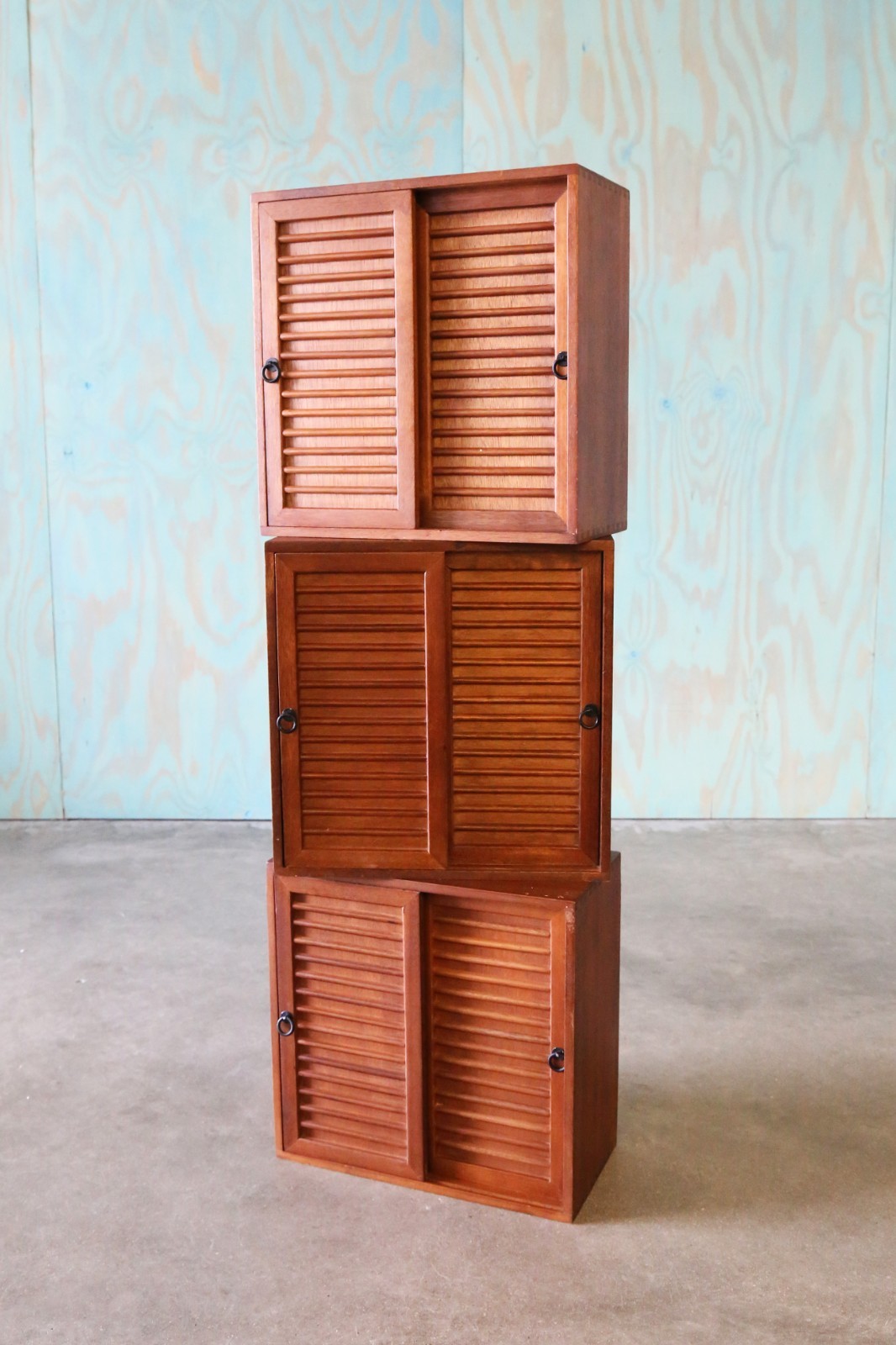 Studio Made Walnut Mid Century Modern 2 Sided Cabinets Set of 3