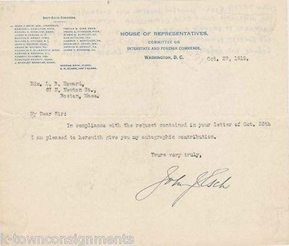 John Esch Wisconsin Congress Autographed Signed Senate Stationary 1919