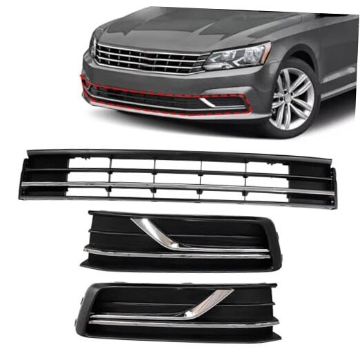 3PCS Front Bumper Lower Grille & Front Grill Fog Lamp Bezel, For Passat 16-19
