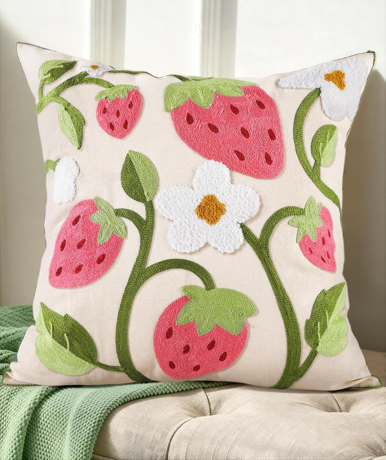 Embroidered Throw Pillow Cover 18x18 Inch - Spring Summer Boho Decorative Pillow