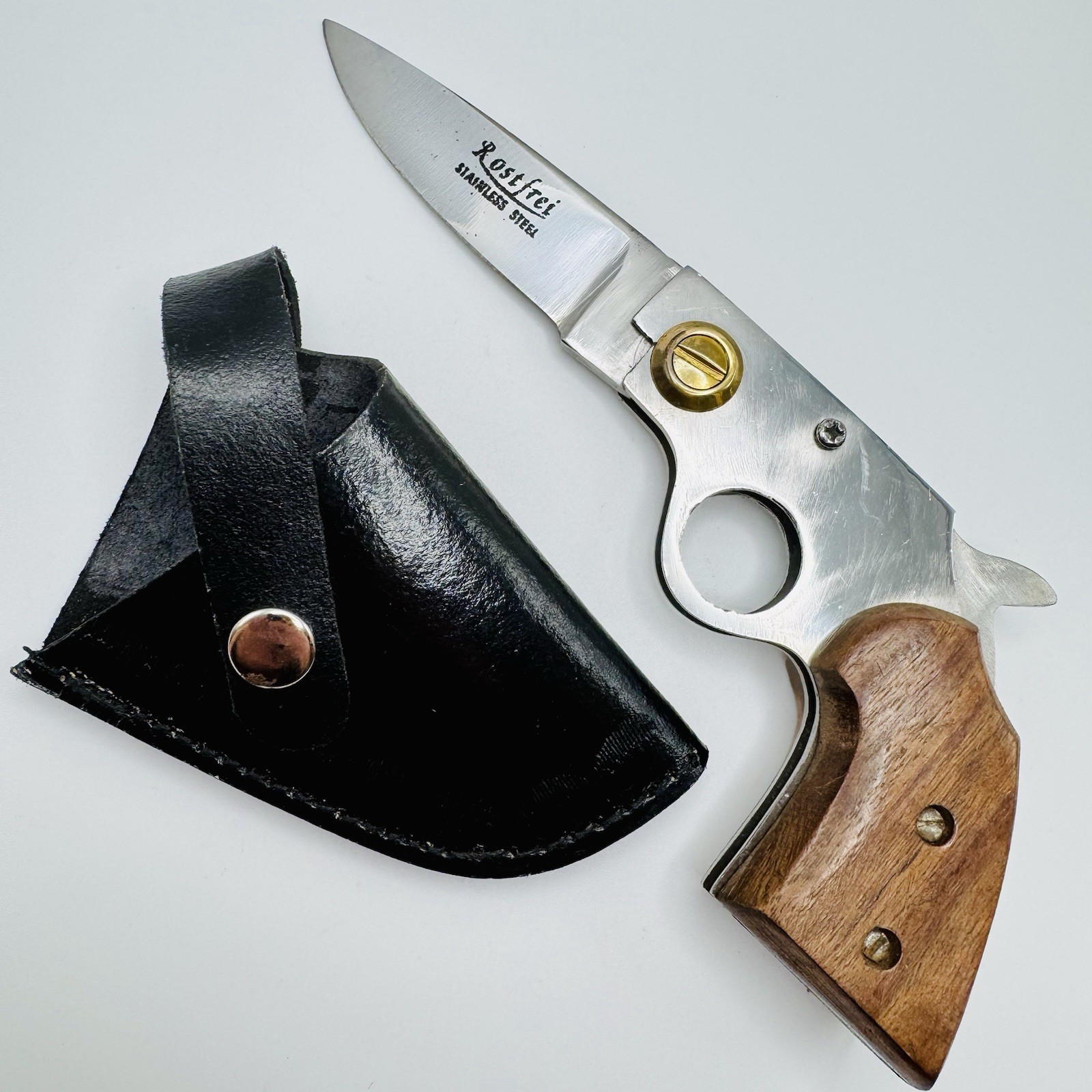 VTG-Pakistan-Lockback-Folding-Gun-Knife-Black-Leather-Holster-Stainless-Steel