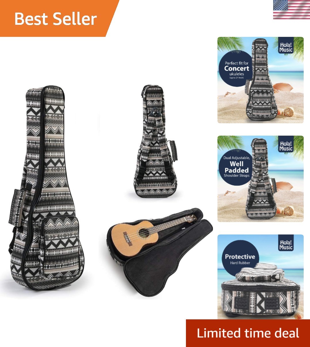 Nylon Ukulele Bag for Concert Instruments - Zippered 3 Compartment Case