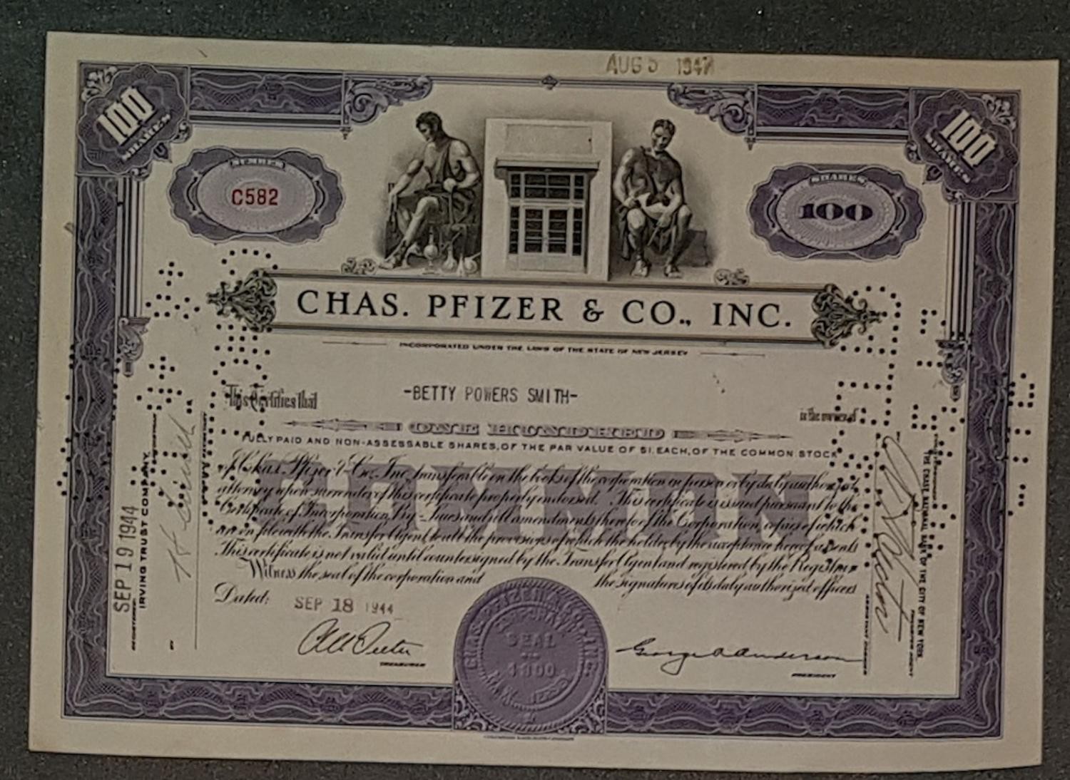 Chas. Pfizer & Co., Inc. 1944 100 Shares