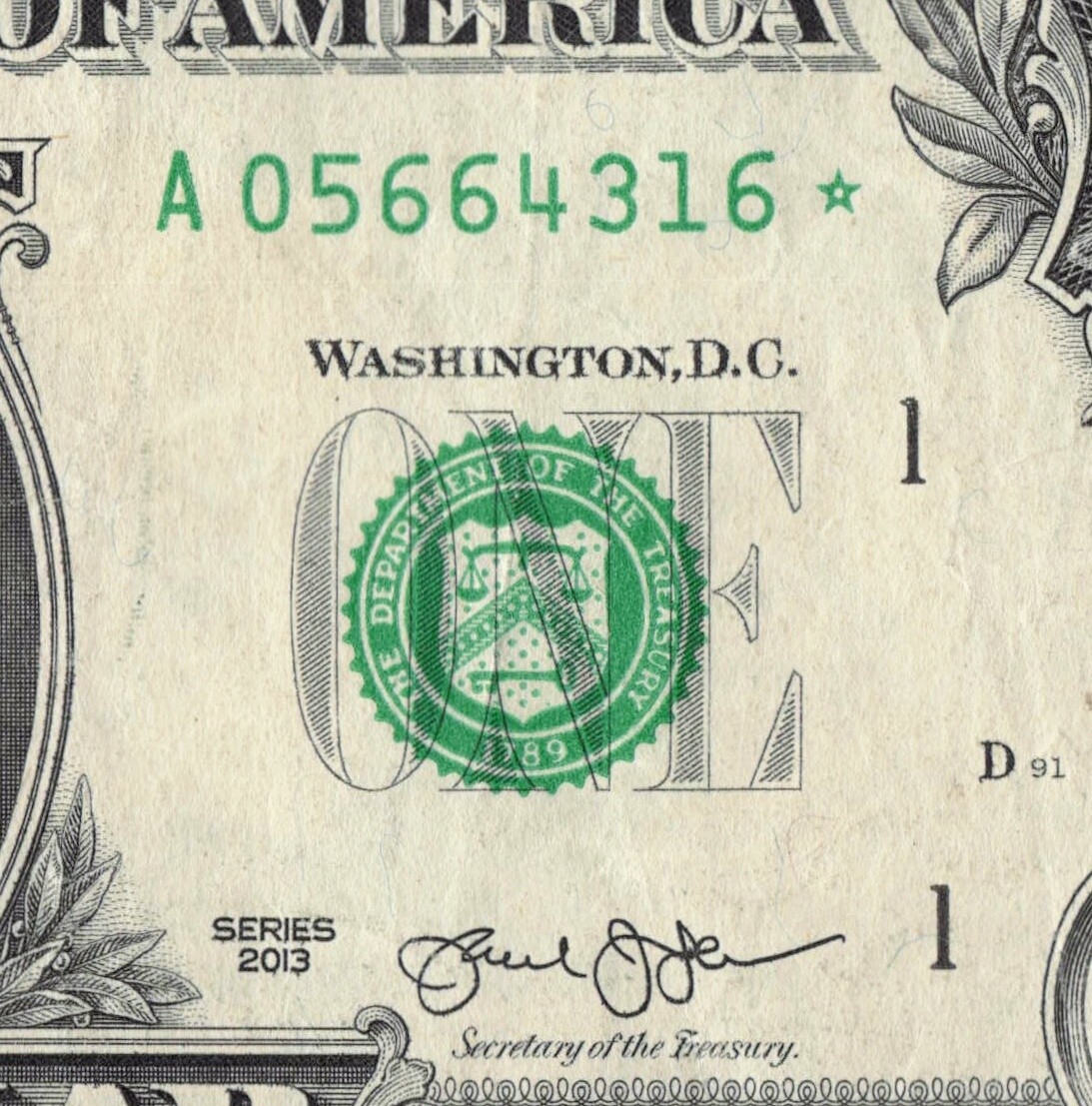 Series 2013 Star Note $1 Dollar Bill A Boston 3.2 M Pack Run DC A05664316*
