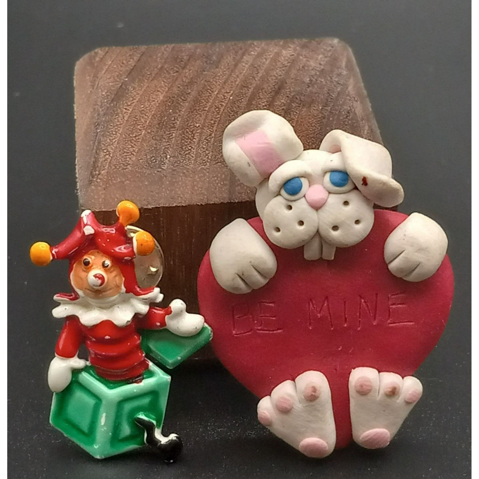 JJo Jack in the Box Enamel Signed | Bunny Valentine Polymer Lot of 2 Pins