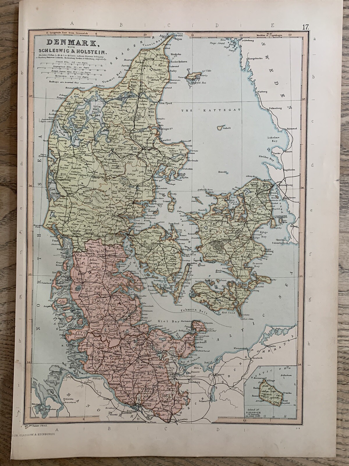 1891 DENMARK & SCHLESWIG HOLSTEIN COLOUR MAP BY W.G. BLACKIE