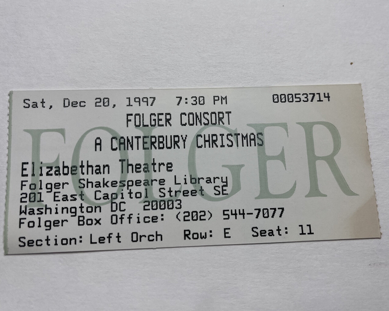 Folger Consort A Canterbury Christmas Ticket Elizabethan Theatre Dec 20 1997