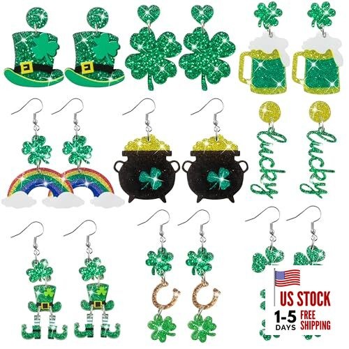 Y1tvei St. Patrick's Day Earring - Irish Lucky Sparkly Glitter Acrylic Shamrock