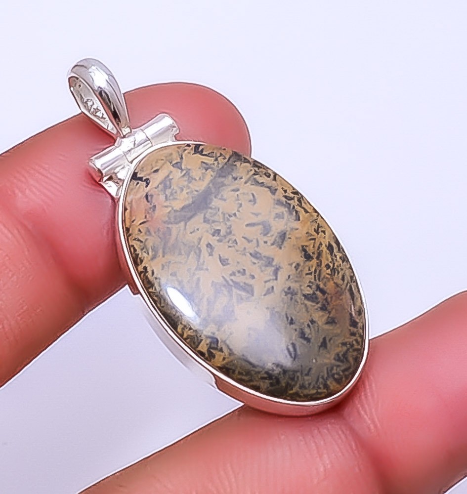 Honey Dendritic Opal - Mexico 925 Sterling Silver Pendant 1.72" P34 Gift for her