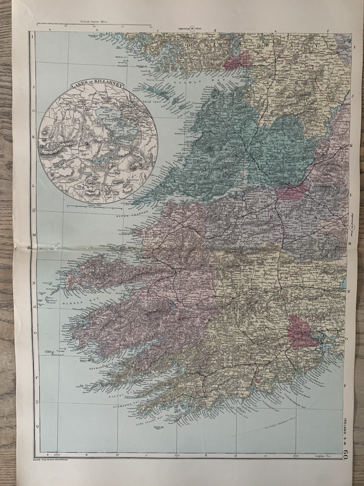1886 Southwest Ireland Original Antique Hand Coloured Map by G.W. Bacon