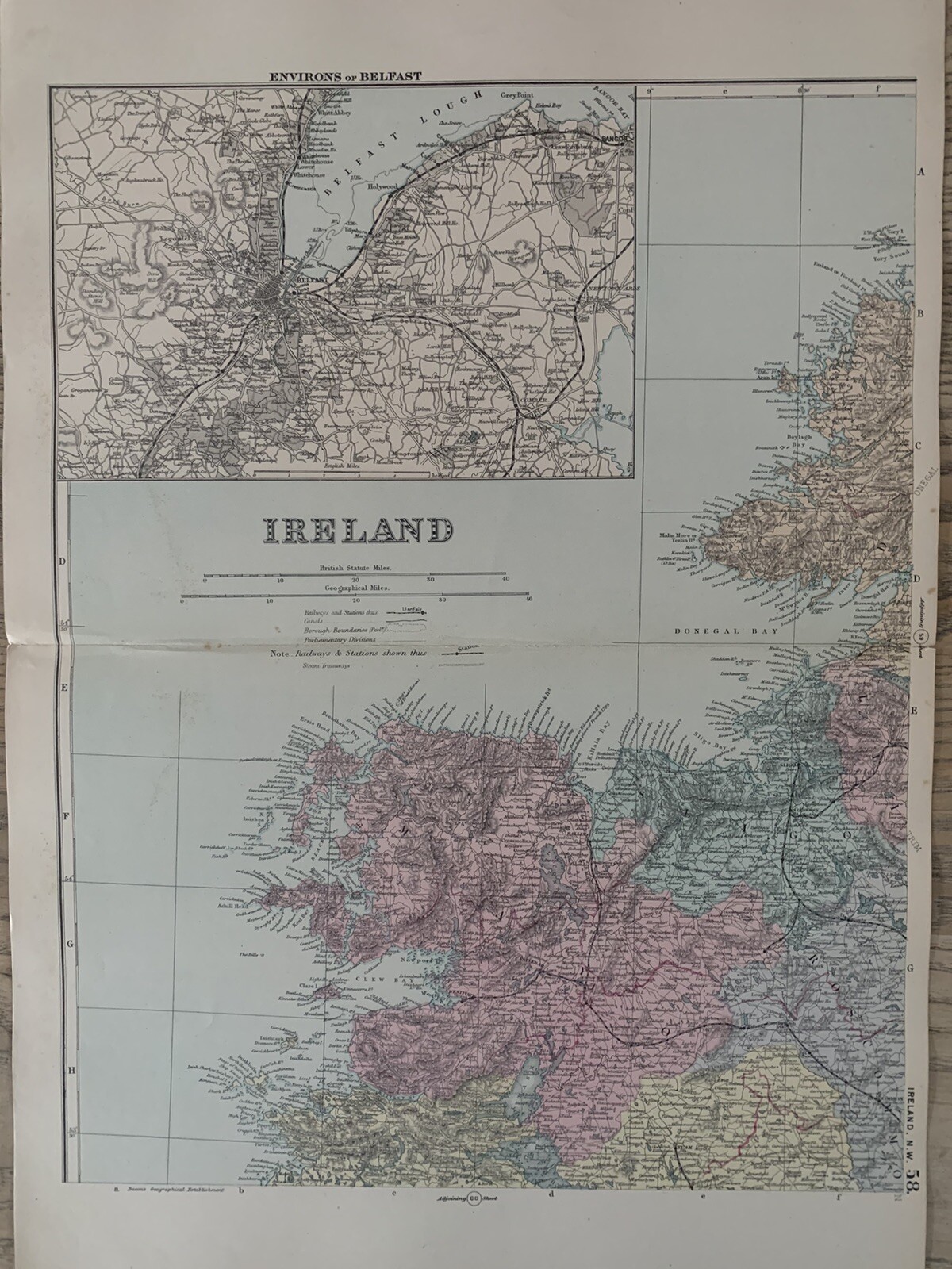 1886 Northwest Ireland Original Antique Hand Coloured Map by G.W. Bacon