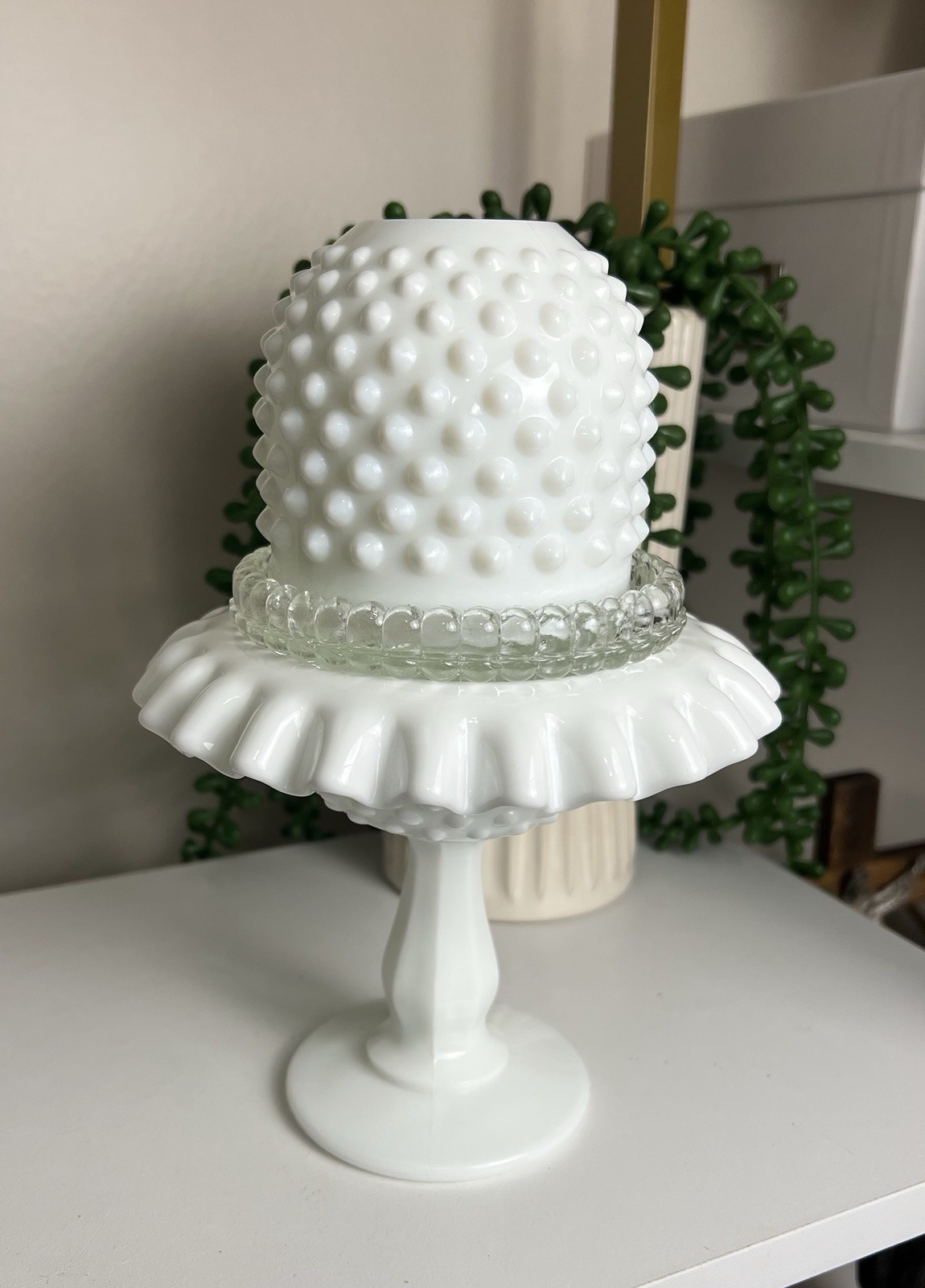 Vintage Fenton Pedestal Hobnail Milk Glass Fairy Lamp, 3 Piece Set