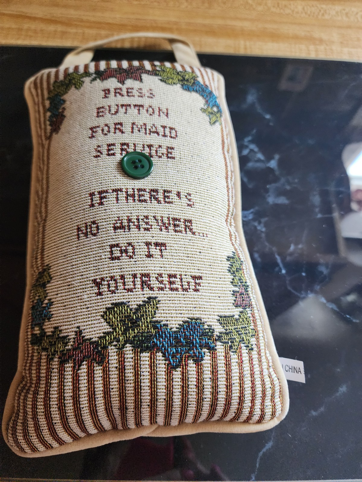 Door Hanger Pillow "Press Button for Maid Service" Counted Cross-stitch, 5" x 8"