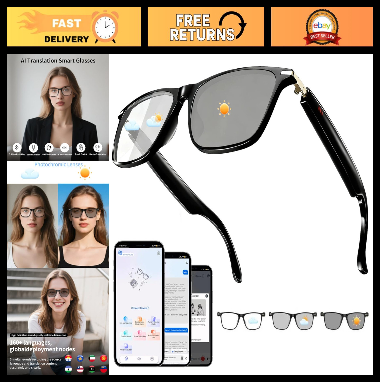 AI Smart Glasses with Real-Time Translation, Bluetooth, Photochromic Lenses, 160