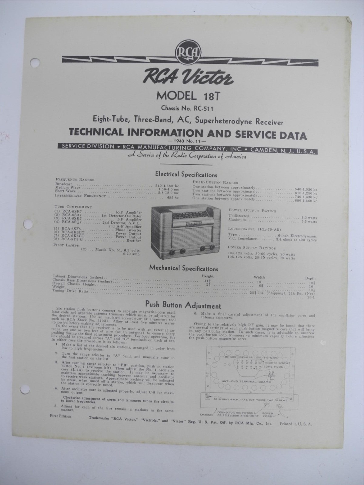 Vintage 1940 RCA Victor Model 18T Radio Technical Information and Service Data