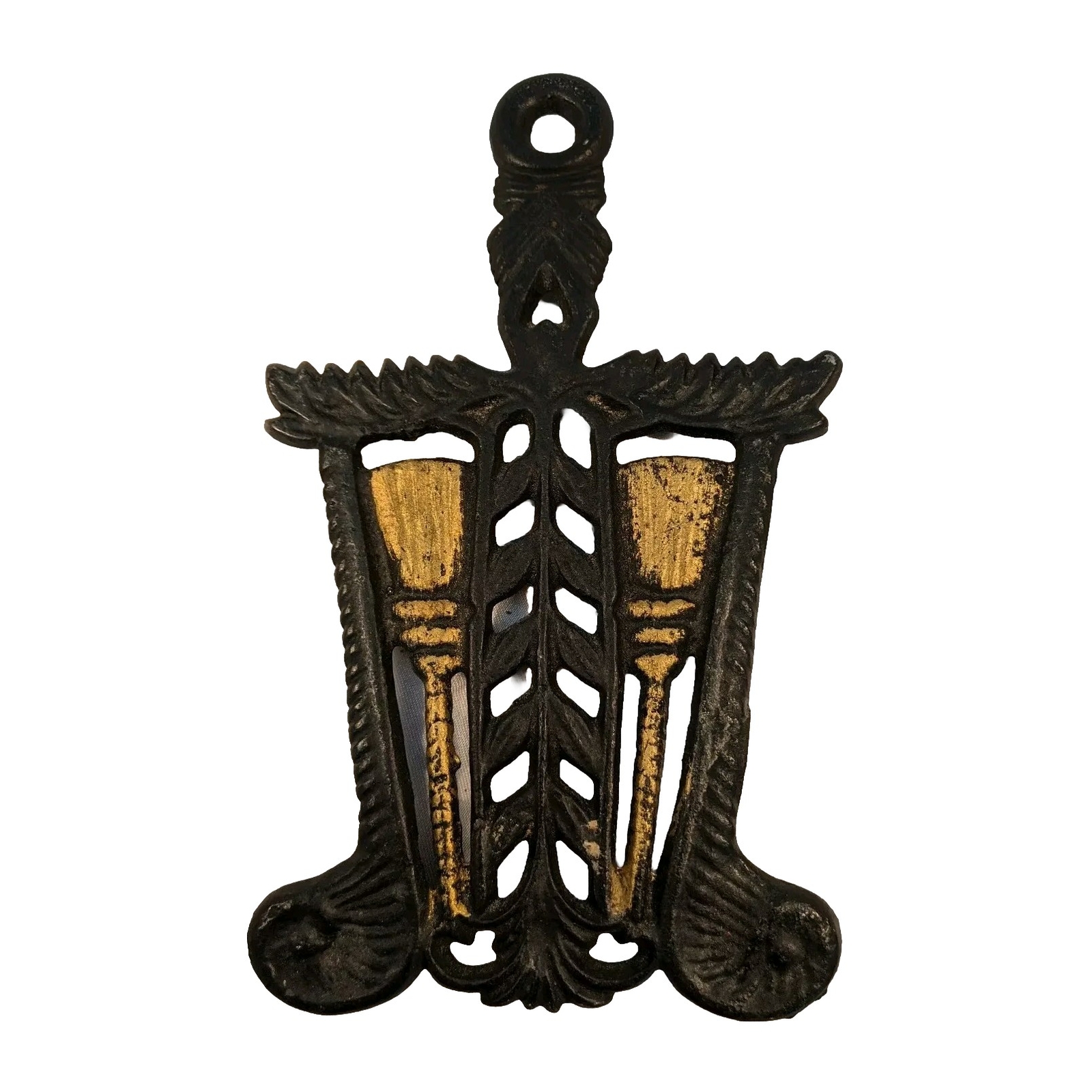 Vintage Cast Iron Black Gold Broom Brooms Wheat Heart Leaves Nautilus Trivet