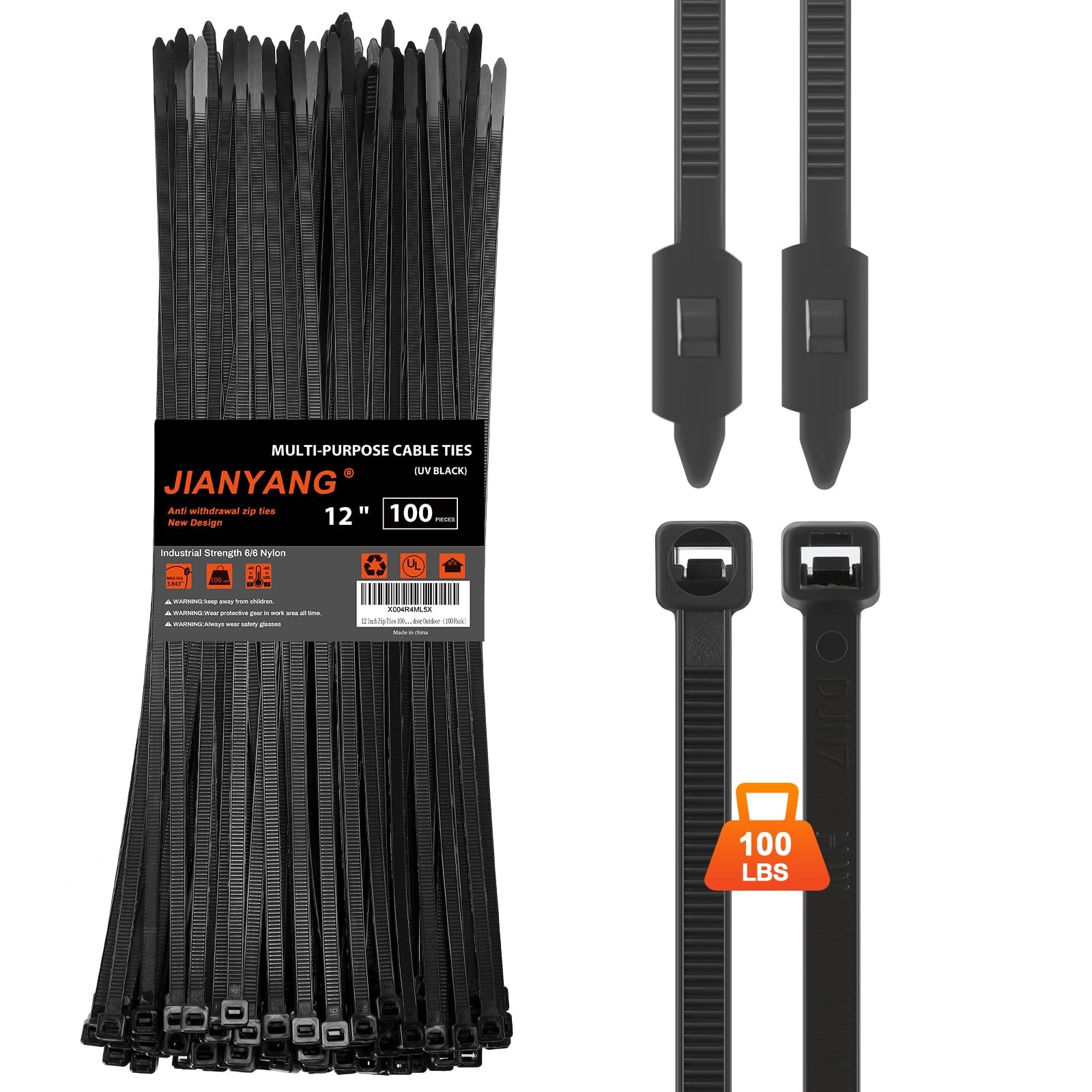12 Inch Anti Withdrawal Zip Ties 100 LBS Tensile Strength Heavy Duty Cable Wi...