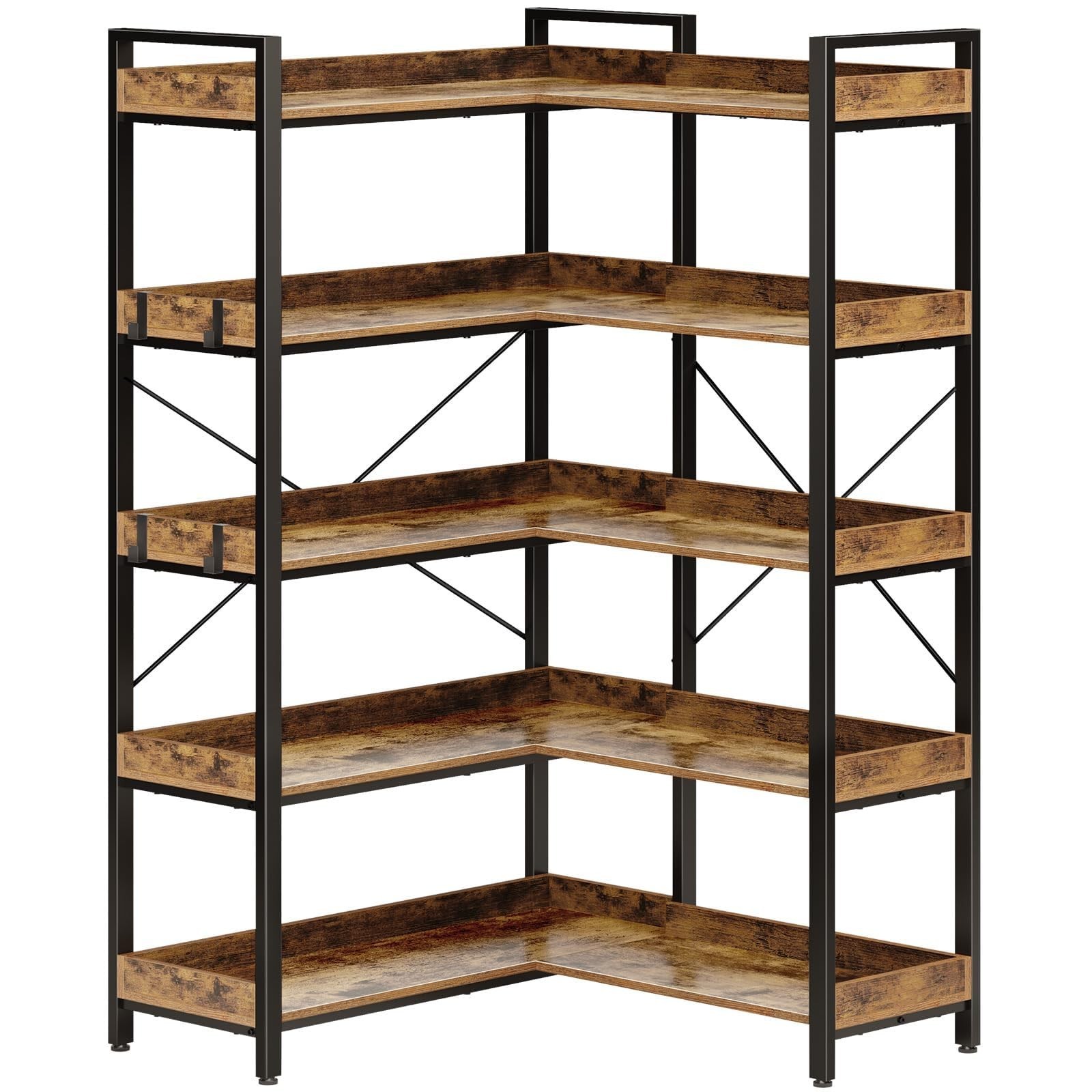Rolanstar Bookshelf 5 Tier with 4 Hooks, Reversible Corner Bookshelf, 65" Ind...