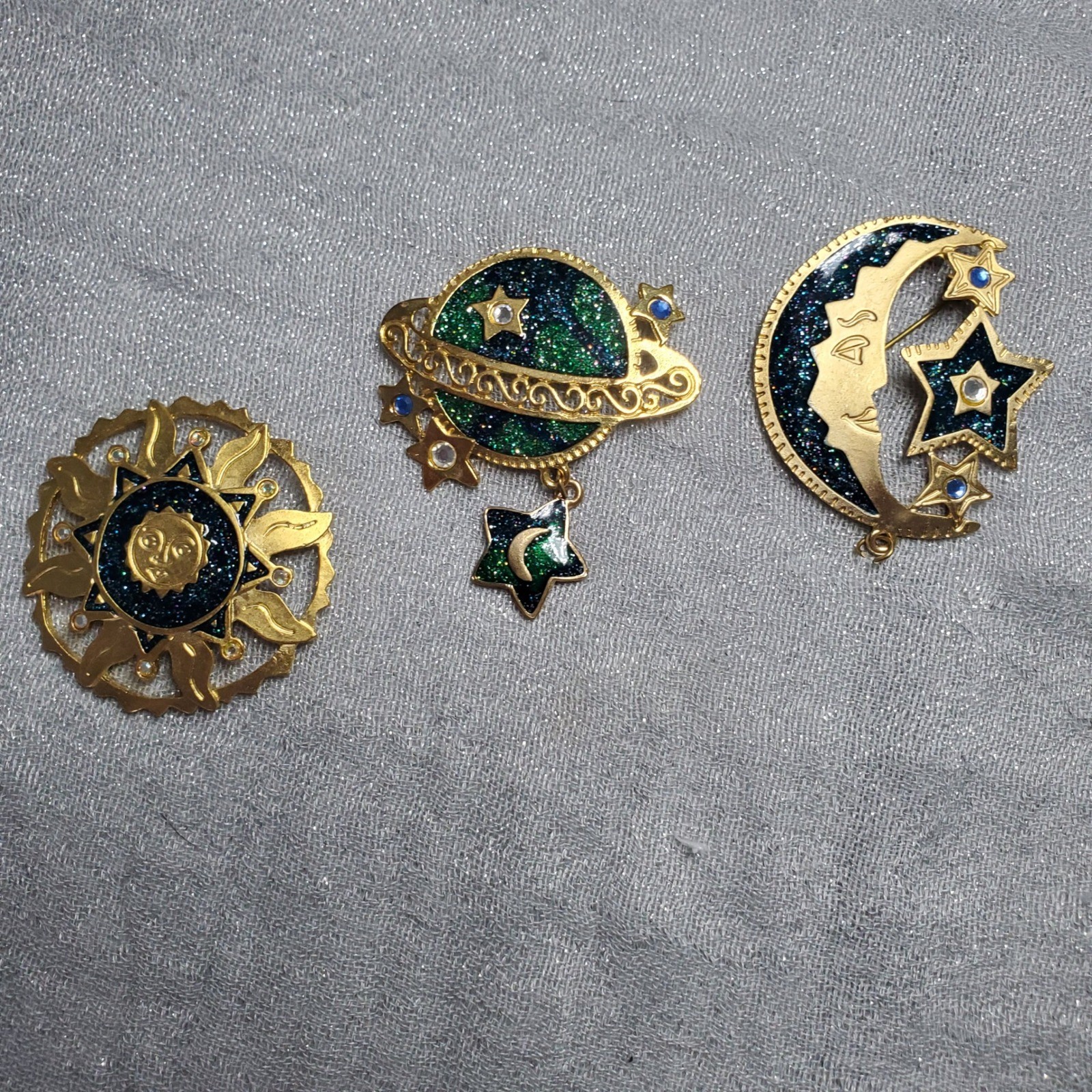 Vtg Newpro Celestial Brooch Full Set Gold Tone Sun Moon Planet Glitter Enamel