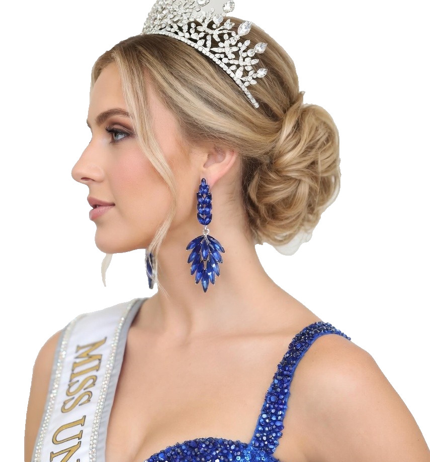 Royal Blue Rhinestone Drop Statement Earrings Pageant Prom Evening Jewelry 2.8"