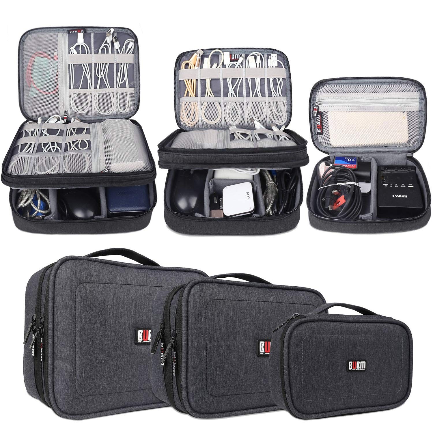 3pcs Double Layer Electronic Organizer, Travel Gadgets Bag 3 Pcs, Black