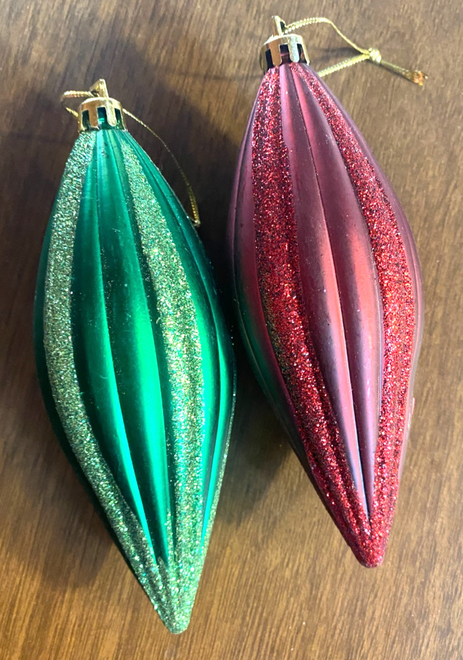 2 Red & Green Glitter Shatterproof Teardrop Christmas Ornaments 5"