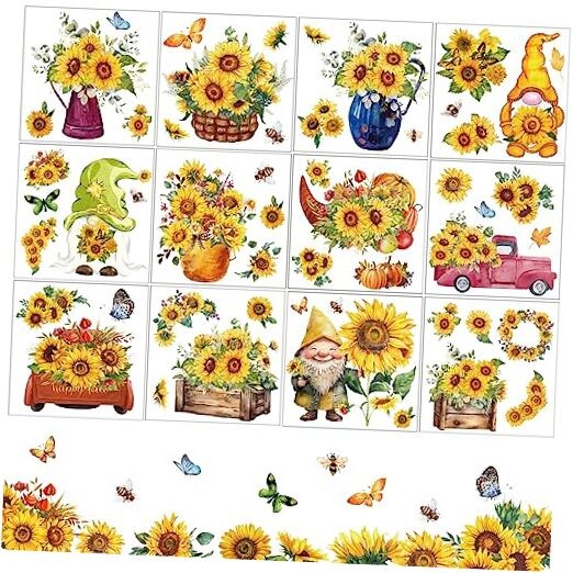 12 Sheets Rub on Transfer Flower Decor Transfer Stickers Spring Fall Sunflower