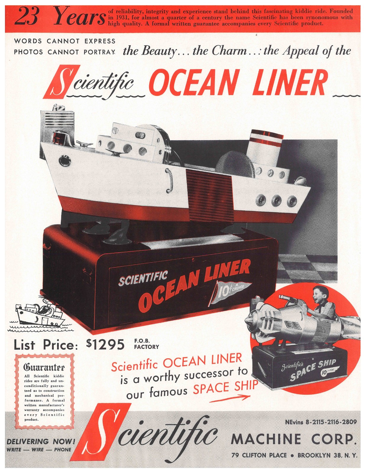 Ocean Liner Space Ship Kiddie Ride Arcade Flyer / Brochure / Ad - Hard to Find